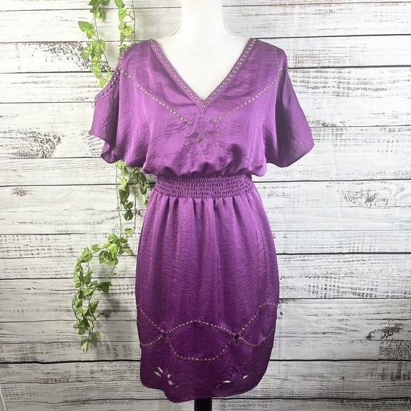 Laundry Shelli Segal Dress Small Purple Sequins Boho Floral Embroidery Knee - Picture 1 of 14
